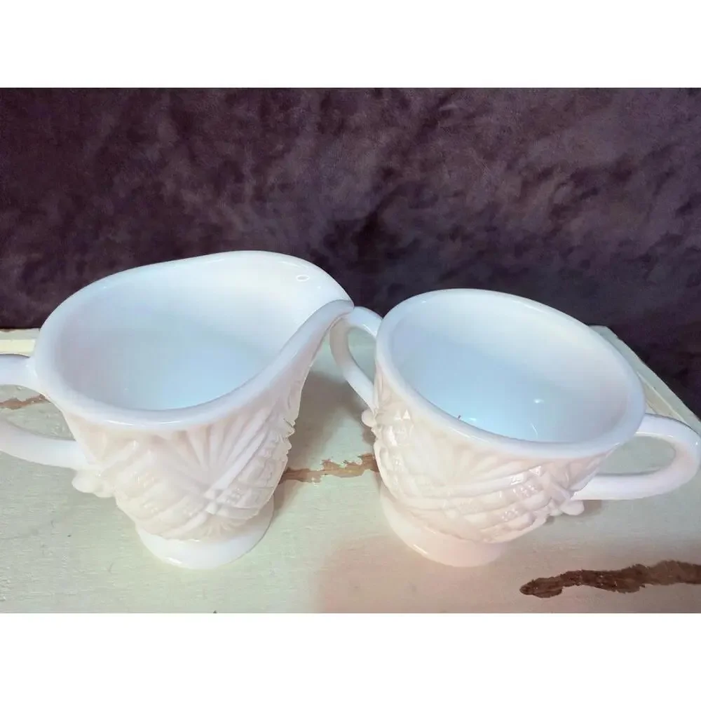 Vintage Milk Glass Creamer & Sugar Bowl Set Quilt Pattern Pedestal Base